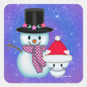 Süßer Schneemann und Kätzchen Weihnachtsaufkleber Quadratischer Aufkleber