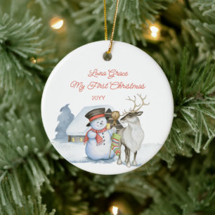 Süßer Schneemann und Rentier 1. Weihnachten Keramik Ornament