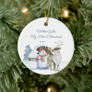 Süßer Schneemann und Rentier erste Weihnachten Ker Keramik Ornament
