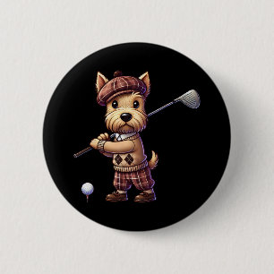 Süßer Schottischer Terrier spielt Golf Golfer Golf Button