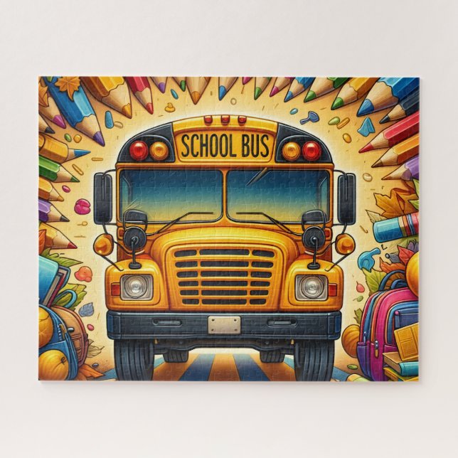 Süßer Schulbus mit Bleistiften Puzzle (Horizontal)