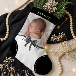 Süßer schwarzer Bogen Name & Foto Baby erstes Weih Kleiner Weihnachtsstrumpf