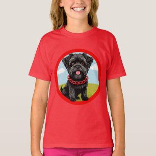 Süßer schwarzer Hund mit rotem Halsband im Cartoon T-Shirt