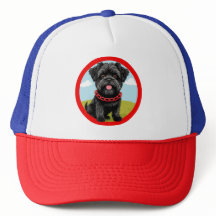 Süßer schwarzer Hund mit rotem Halsband im Cartoon