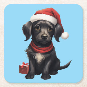 Süßer schwarzer Hund zu Weihnachten Rechteckiger Pappuntersetzer