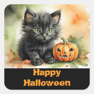 Süßer schwarzer Kätzchen-Quadrat-Halloween-Aufkleb Quadratischer Aufkleber