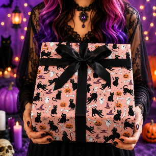 Süßer schwarzer Katzen-Geister-Kürbis-Halloween in Geschenkpapier