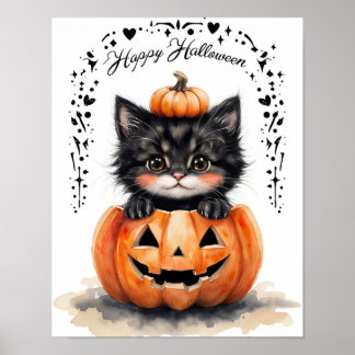 Süßer schwarzer Katzen-Halloween-Plakat | Kürbis J Poster
