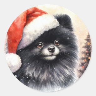 Süßer schwarzer Pomeranian-Wasserfarben-Weihnachte Runder Aufkleber
