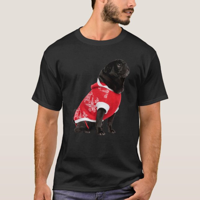 Süßer schwarzer Pug Santa-Hut roter Pullover Bild  (Vorderseite)