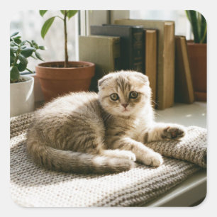 Süßer Scottish Fold Katzen Quadrat Aufkleber