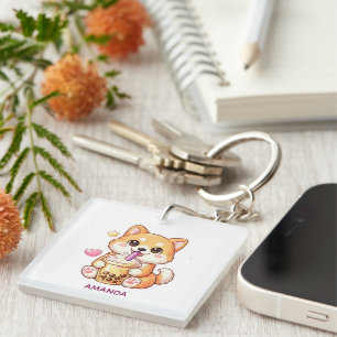 Süßer Shiba-Inu-Hund trinkt Bubble Tea - Name hinz Schlüsselanhänger