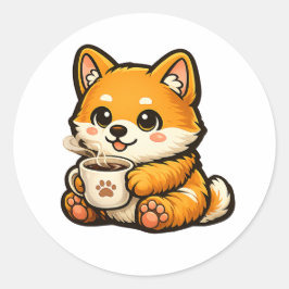 Süßer Shiba Inu mit Kaffee – Gemütliche Hundeillus Runder Aufkleber