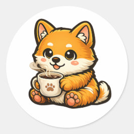 Süßer Shiba Inu mit Kaffee – Gemütliche Hundeillus Runder Aufkleber