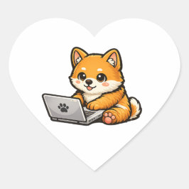 Süßer Shiba Inu mit Laptop – Gemütliche Hundeillus Herz-Aufkleber