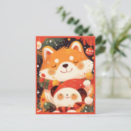 Süßer Shiba Inu umarmt Panda-Plüsch Feiertagspostkarte