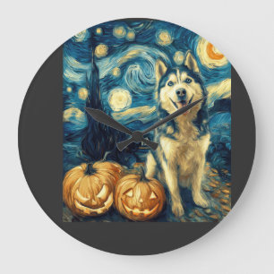 Süßer sibirischer Husky-Hund Halloween Jack O Lant Große Wanduhr
