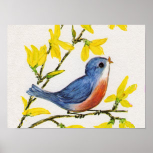 Süßer singender blauer Vogelbaum Poster