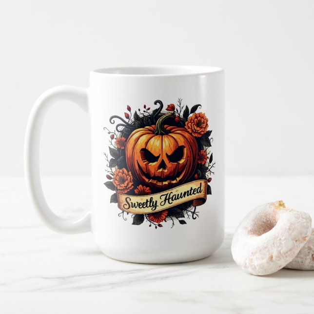 Süßer Spuk Vintager Kürbis | BlumenHalloween Kaffeetasse (Mit Donut)