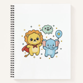 Süßer Superheld Löwe und Elefant Freunde Cartoon Notizbuch