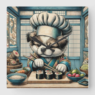 Süßer Sushi-Chef-Welpe Quadratische Wanduhr