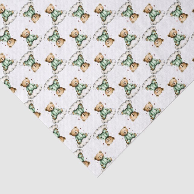 Süßer Teddybär auf einer flauschigen Wolke in grün Seidenpapier (Ausschnitt)