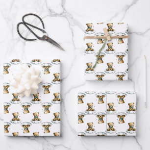 Süßer Teddybär auf flauschiger Wolke mit blauem Fl Geschenkpapier Set