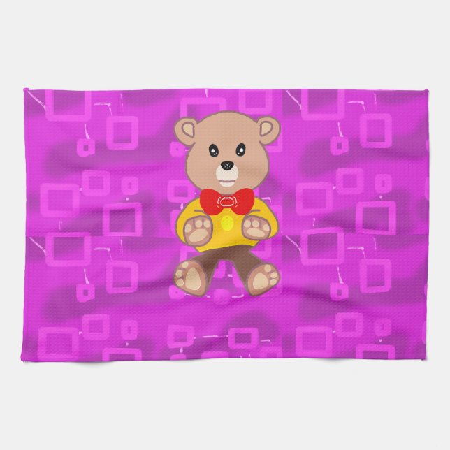 Süßer Teddybär auf rosa geometrisch  Geschirrtuch (Horizontal)