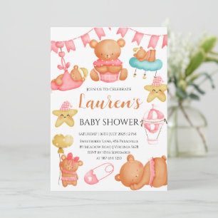 Süßer Teddybär-Baby-Shower Pink Mädchen Einladung