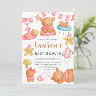 Süßer Teddybär-Baby-Shower Pink Mädchen Einladung