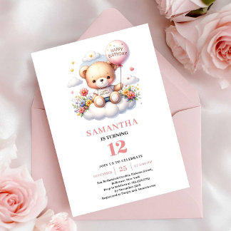 Süßer Teddybär Ballon Blumen Mädchen Geburtstag Einladung