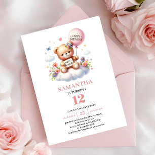 Süßer Teddybär Ballon Blumenmädchen Geburtstag Einladung