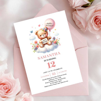 Süßer Teddybär Ballon Blumenmädchen Geburtstag Einladung
