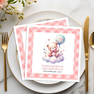 Süßer Teddybär Ballon Röte Blumen Geburtstag Serviette