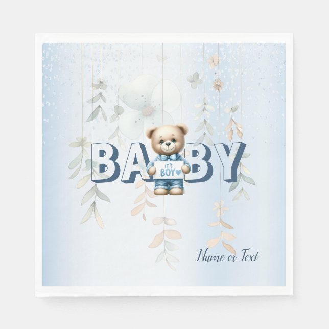 Süßer Teddybär Blau Florale Party Serviette (Vorderseite)