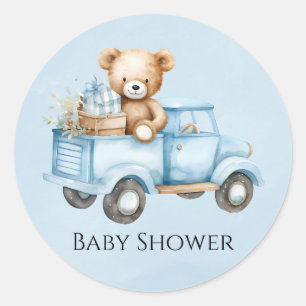 Süßer Teddybär Blau Vintage-LKW Baby Shower Runder Aufkleber