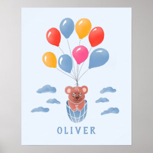 Süßer Teddybär Blaue Ballons Jungen Name Poster