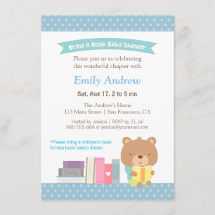Süßer Teddybär Blaue Punkte Buch Babyparty Einladung