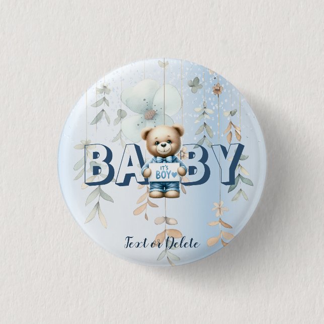 Süßer Teddybär Blaues Blumenmuster Schöne Party Button (Vorderseite)