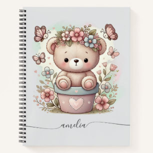 Süßer Teddybär & Blumiger benutzerdefinierter Name Notizbuch