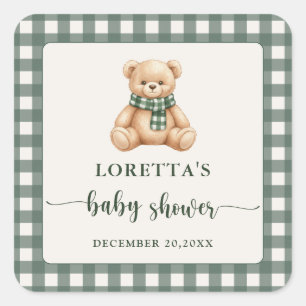 Süßer Teddybär grün kariert Baby Shower Favor Quadratischer Aufkleber