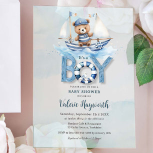 Süßer Teddybär in Blaues Boot Jungen-Baby-Party Acryleinladungen