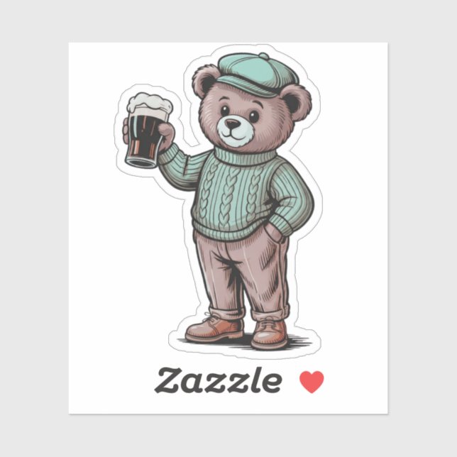 Süßer Teddybär mit Bier Aufkleber (Blatt)