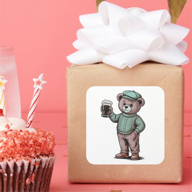 Süßer Teddybär mit Bier Quadratischer Aufkleber (Party)