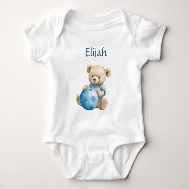 Süßer Teddybär mit blauem Ball Baby Strampler (Vorderseite)