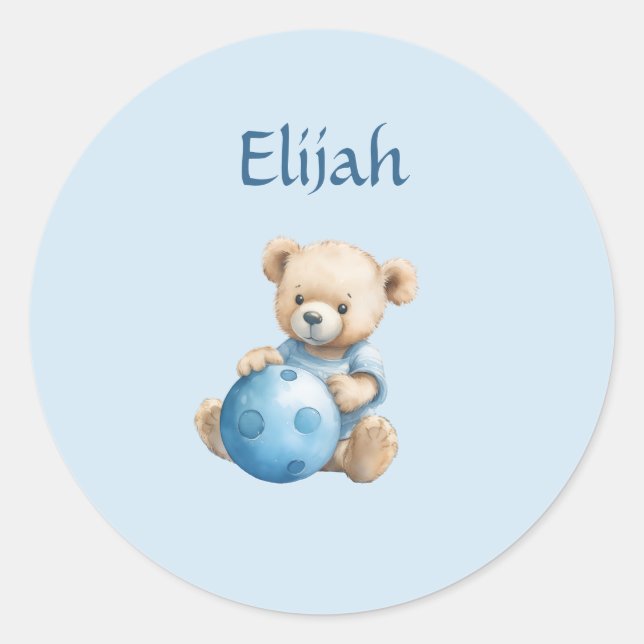 Süßer Teddybär mit blauem Ball Runder Aufkleber (Vorderseite)