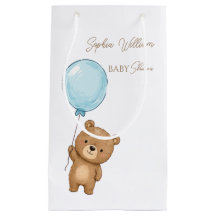 Süßer Teddybär mit blauem Ballon-Junge-Baby-Party