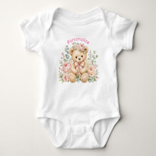 Süßer Teddybär mit floralem Design, personalisiert Baby Strampler