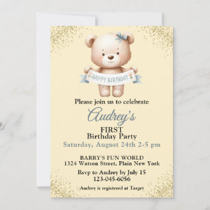 Süßer Teddybär mit Happy Birthday- Banner Einladung