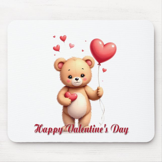 Süßer Teddybär mit Herz – Frohen Valentinstag Mousepad (Vorne)